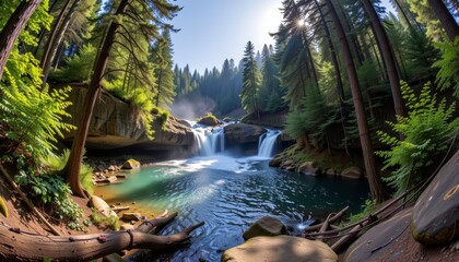Majestic waterfall cascades through lush green forest stunning nature scene tranquil environment captured from a scenic viewpoint