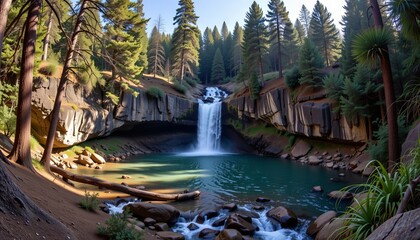 Breathtaking waterfall cascades into serene pool tall pine forest surrounds nature scene peaceful environment wide view tranquility