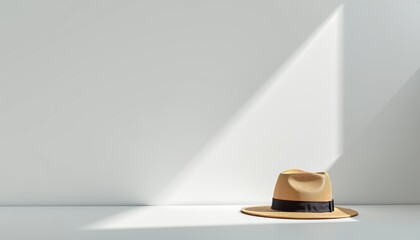 Elegant tan straw fedora hat on minimalist surface lifestyle photography modern design soft lighting stylish concept