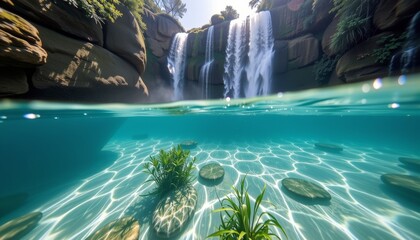 Majestic waterfall and underwater scene tropical paradise nature photography vibrant environment clear perspective serene beauty