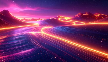 Neon orange trails snake across a purple landscape beneath a pink and purple sky, evoking a futuristic scene