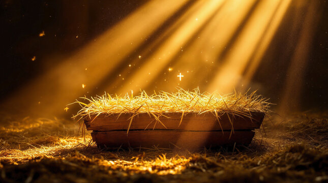 A wooden manger with straw illuminated by golden light in a rustic stable. The Christian nativity scene symbolizing the birth of Jesus Christ and the story of Christmas