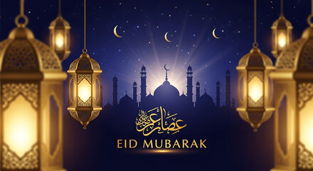 Eid mubarak islamic festival celebration greeting background with calligraphy lettering mosque architecture lantern light decoration vector