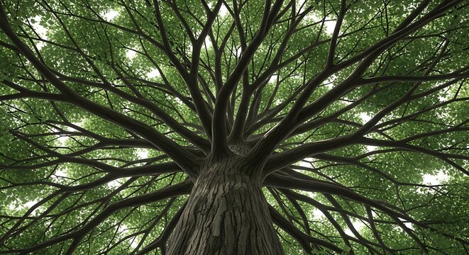 Looking up through giant redwood tree canopy
