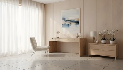 Elegant minimalist home office interior with a modern wooden desk, comfortable chair, and sheer curtains allowing natural light