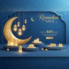 Ramadan Sale Up to 50% Off Design Featuring Crescent Moon, Lanterns, and Product Display on Blue Podium with Starry Backdrop