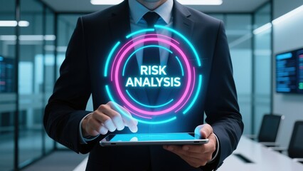 A businessman uusing a tablet with glowing risk analysis hologram showing cyber physical security and iot risk management concept, cyber physical systems