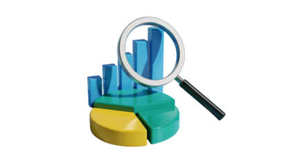 Professional magnifying glass examining vibrant blue bar graph and colorful pie chart for insightful business analysis and data discovery isolated on white or transparent png.
