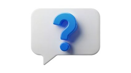 Bold blue question mark emerges from a clean white speech bubble, symbolizing inquiry, doubt, or a crucial query for engaging content isolated on white or transparent png.