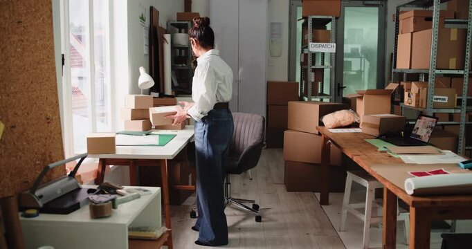 Business woman, logistics and delivery with boxes for inventory, storage or dispatch in home. Female person, employee or distributor in timelapse with cargo for shipping orders or courier service