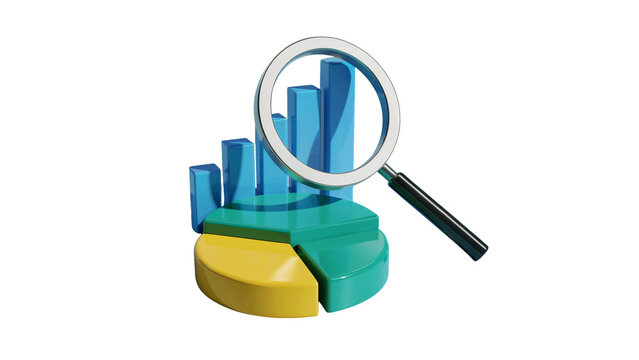 Professional magnifying glass examining vibrant blue bar graph and colorful pie chart for insightful business analysis and data discovery isolated on white or transparent png. - Powered by Adobe