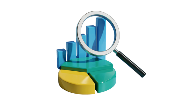 Professional magnifying glass examining vibrant blue bar graph and colorful pie chart for insightful business analysis and data discovery isolated on white or transparent png.