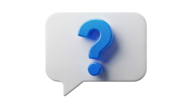 Bold blue question mark emerges from a clean white speech bubble, symbolizing inquiry, doubt, or a crucial query for engaging content isolated on white or transparent png.