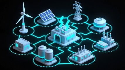 A glowing blue energy grid linking turbines, solar panels, and power plants for smart networks, energy grid and smart utilities concept, cyber physical systems