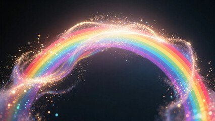 A curve of sparkling rainbow light. A semicircle. A ray. A beam. A black background. Sparkle. A line.