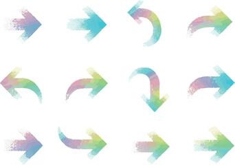 Create Halftone arrows. Colorful pastel gradient arrows in various directions. Abstract flow, process, navigation and infographic elements with halftone texture for UI, presentations on white backgrou