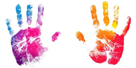 Two multi-colored handprints, one blue-pink and one red-orange, are displayed against a white backdrop