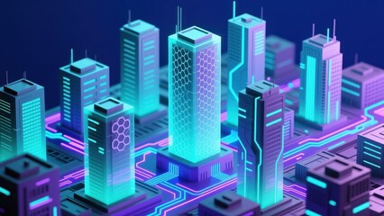 A neon digital city of glowing towers and circuits showing industrial digital twin and virtual monitoring concept, cyber physical systems