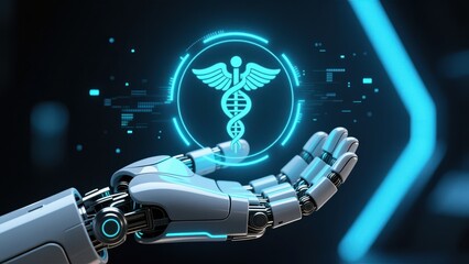 A robotic hand holding a glowing a doctor sign hologram symbolizing innovation in healthcare technology, medical robotics and cyber physical healthcare concept, cyber physical systems