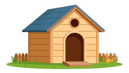 Cartoon-style wooden dog house on grass with a small dog figurine