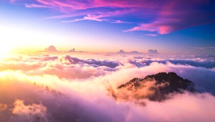 Fototapeta premium Mountain peak poking through thick clouds with a dramatic, colorful sky at sunrise/sunset, with pink and blue hues