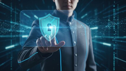 A man touching a holographic shield with keyhole symbolizing data safety and encryption, cyber physical security and iot risk management concept, cyber physical systems