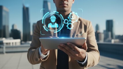 A businessman holding a tablet with glowing hologram of engineer and cogs over city skyline, augmented reality maintenance and field service concept, cyber physical systems