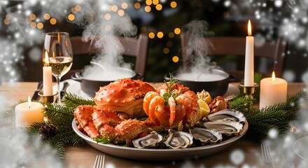 Festive seafood platter with crab shrimp oysters and candles on a decorated christmas table