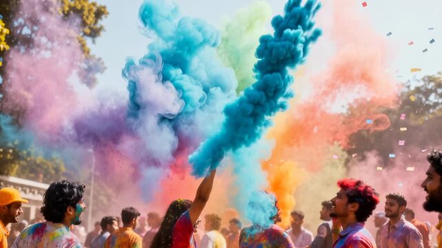 Young Indian people celebrating Holi festival outdoors. A joyful crowd throws colorful powder and confetti in the air. Hindu spring festival of colors representing joy and unity