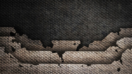 Grunge abstract background with torn layered textures revealing a rough woven canvas or carbon fiber pattern, perfect for industrial design