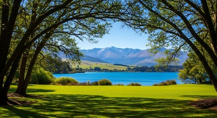 Framed mountain lake view through lush green trees
