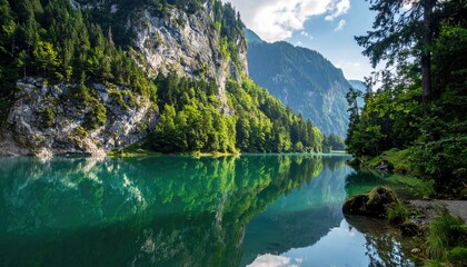 A picturesque natural landscape featuring a tranquil mountain lake surrounded by dense green forests and imposing rocky cliffs, with the scene perfectly mirrore
