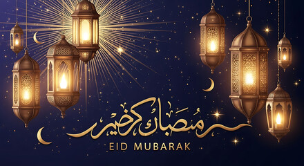 Eid mubarak ramadan kareem design with arabic calligraphy and lantern in gold and blue color palette to celebrate muslim community holiday
