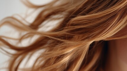 Naklejka premium Flowing golden hair moves gently in soft lighting revealing natural texture and shine