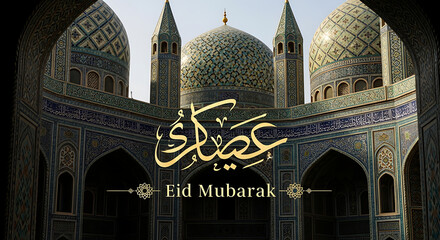 Eid mubarak greeting card with islamic architecture background perfect for ramadan kareem celebrations designed with arabic calligraphy and domes