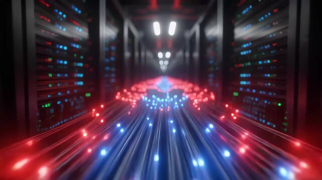 Futuristic data center server room with glowing fiber optic cables and blinking lights representing digital information flow and technology - Powered by Adobe