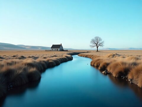 a simple house on the riverbank - Powered by Adobe