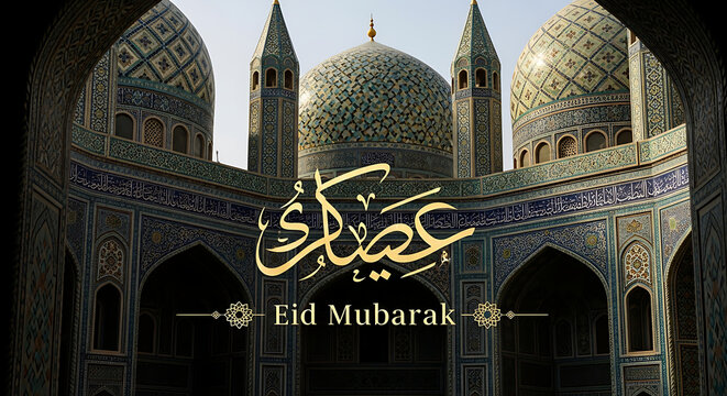 Eid mubarak greeting card with islamic architecture background perfect for ramadan kareem celebrations designed with arabic calligraphy and domes