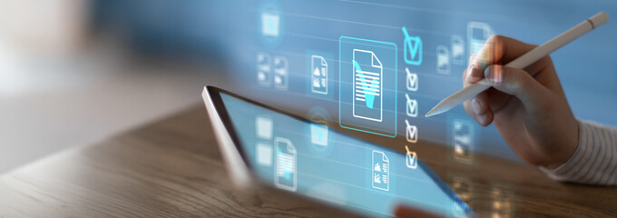 Digital Document Verification and Approval Process on a Virtual Tablet Interface.