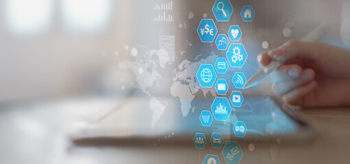 Digital Interface and Application Icons on a Touchscreen Tablet.