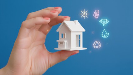 A hand holding a white house with glowing icons showing eco and smart living, smart home and integrated devices concept, cyber physical systems