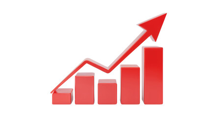 Dynamic red arrow charting upward growth over rising bar graph symbolizing business success and financial progress isolated on white or transparent png.