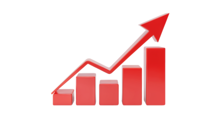 Dynamic red arrow charting upward growth over rising bar graph symbolizing business success and financial progress isolated on white or transparent png.