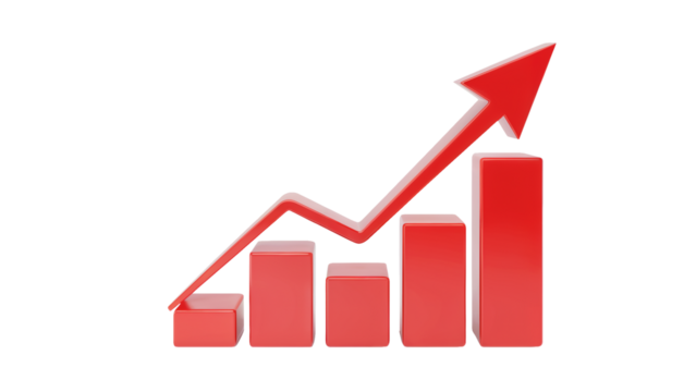 Dynamic red arrow charting upward growth over rising bar graph symbolizing business success and financial progress isolated on white or transparent png.