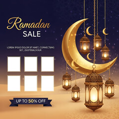 Ramadan sale promo banner with gold crescent moon and hanging lanterns up to 50 percent off islamic festive social media advertisement template