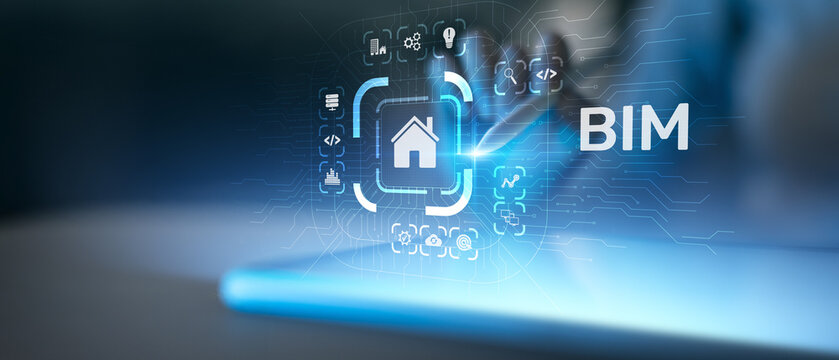 BIM Building Information Modeling and Digital Construction Management Illustrated on Virtual Interface.