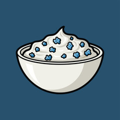 A cartoon illustration of a white bowl filled with creamy dessert topped with blue star sprinkles on a dark blue background.