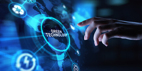 Green Technology Advancing Sustainable and Eco-Friendly Innovations, projection on a virtual screen, Business and Technology Concept.