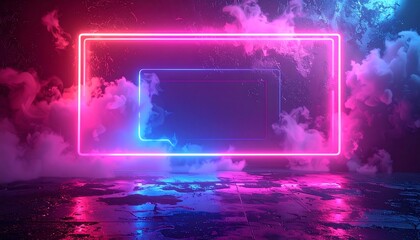 Neon rectangular portal shrouded in luminous fog, reflects onto glossy floor, with dark textured background