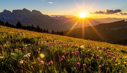 Meadow with wildflowers meets mountains, illuminated by a bright sunset